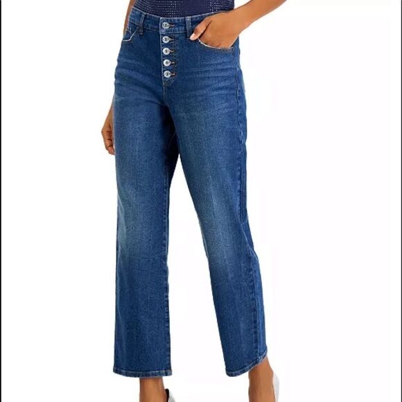 INC Women 6 / 28 High Rise Straight Leg Jeans Medium Wash Button Fly Ankle - Picture 2 of 8